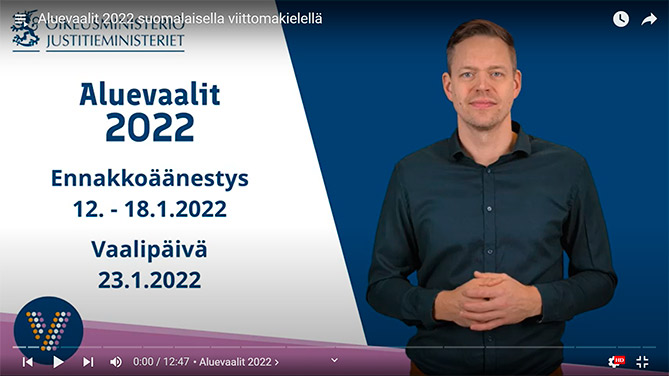 Aluevaalit 2022 suomalaisella viittomakielellä -video Youtubessa