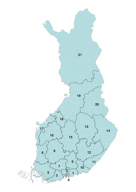 Kartta hyvinvointialueiden rajoista