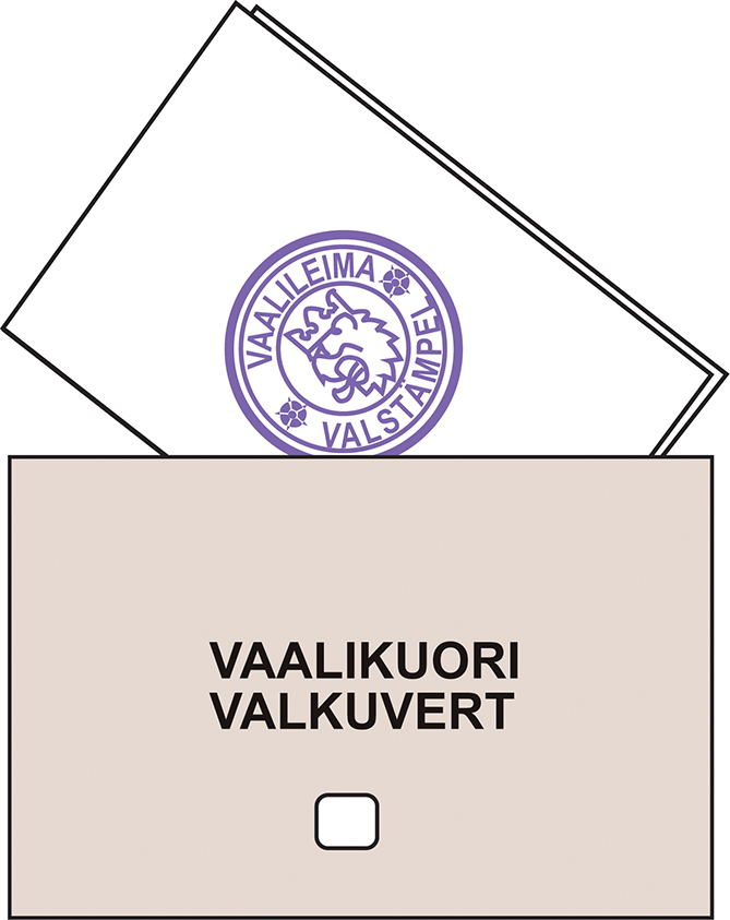 Leimattu äänestyslippu laitetaan ruskeaan vaalikuoreen.