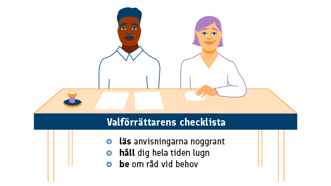 Valförrättarens checklista: läs anvisningar noggrant, håll dig hela tiden lugn, be om råd vid behov.